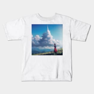 A girl in a red dress standing on a hill and looking at castle shaped clouds Kids T-Shirt